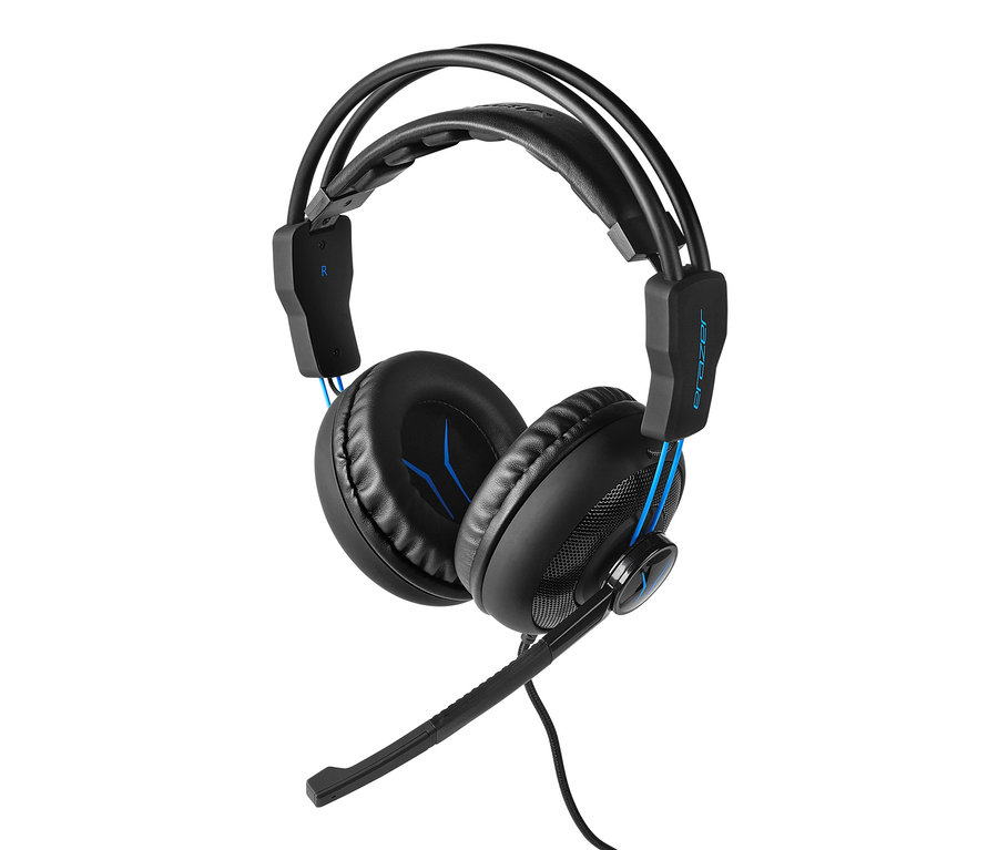 Schwarzes Medion ERAZER P83962 Gaming-Headset mit blauen Akzenten und Mikrofon.