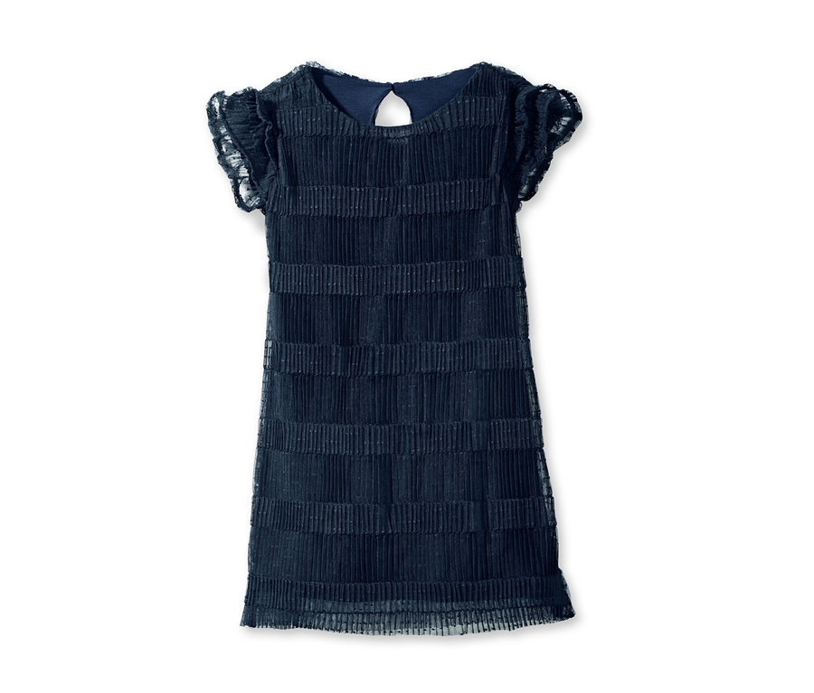 Blaues Tüllkleid mit kurzen Ärmeln.