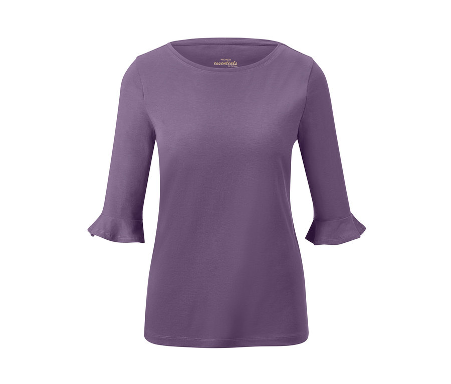 Lila Shirt mit Volants an den Ärmeln.