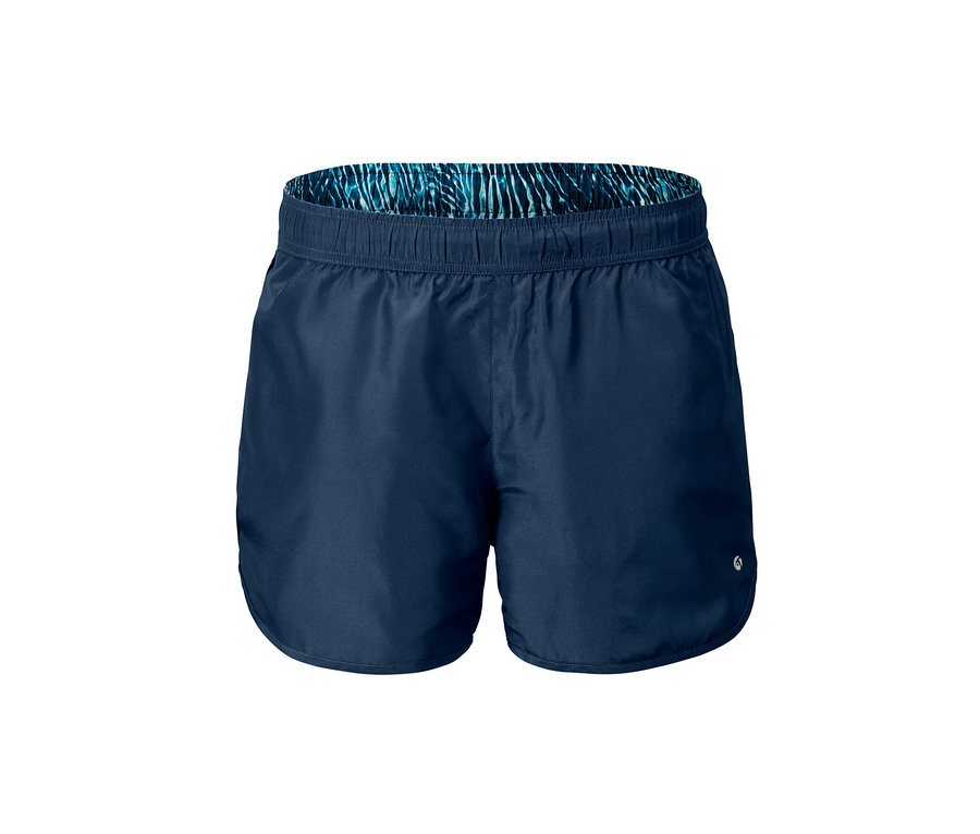 Marineblaue Bade-Laufshorts auf weißem Hintergrund.