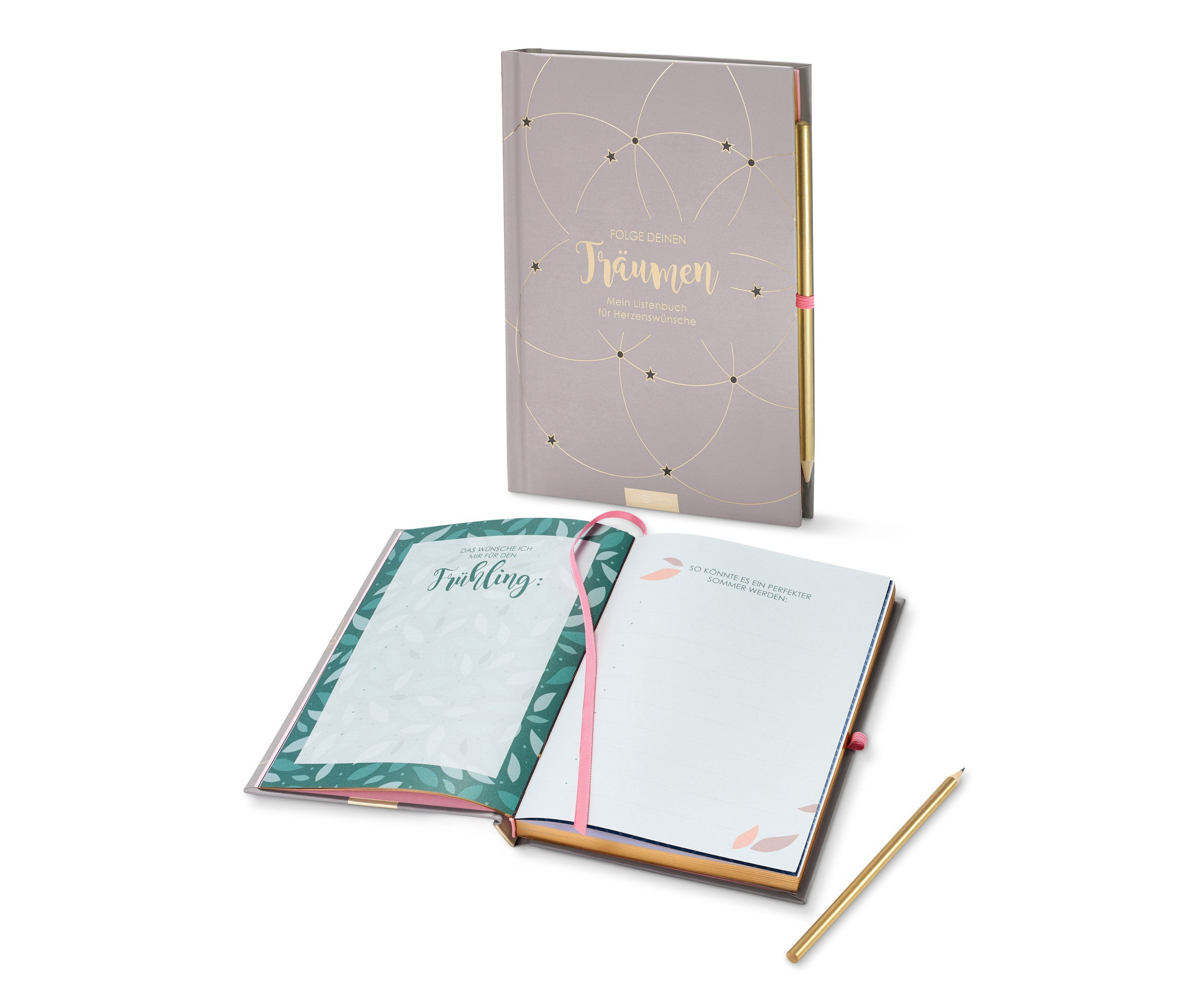 Zwei offene Notizbücher und ein Bleistift. Ein Notizbuch ist geschlossen und steht hinter den offenen Notizbüchern. Buch »Folge deinen Träumen«