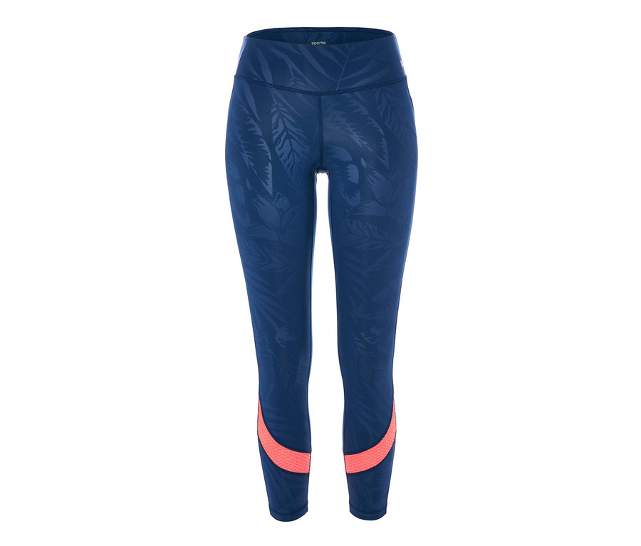Eine marineblaue 7/8-Sporttight mit Koralleinsätzen an den Waden.
