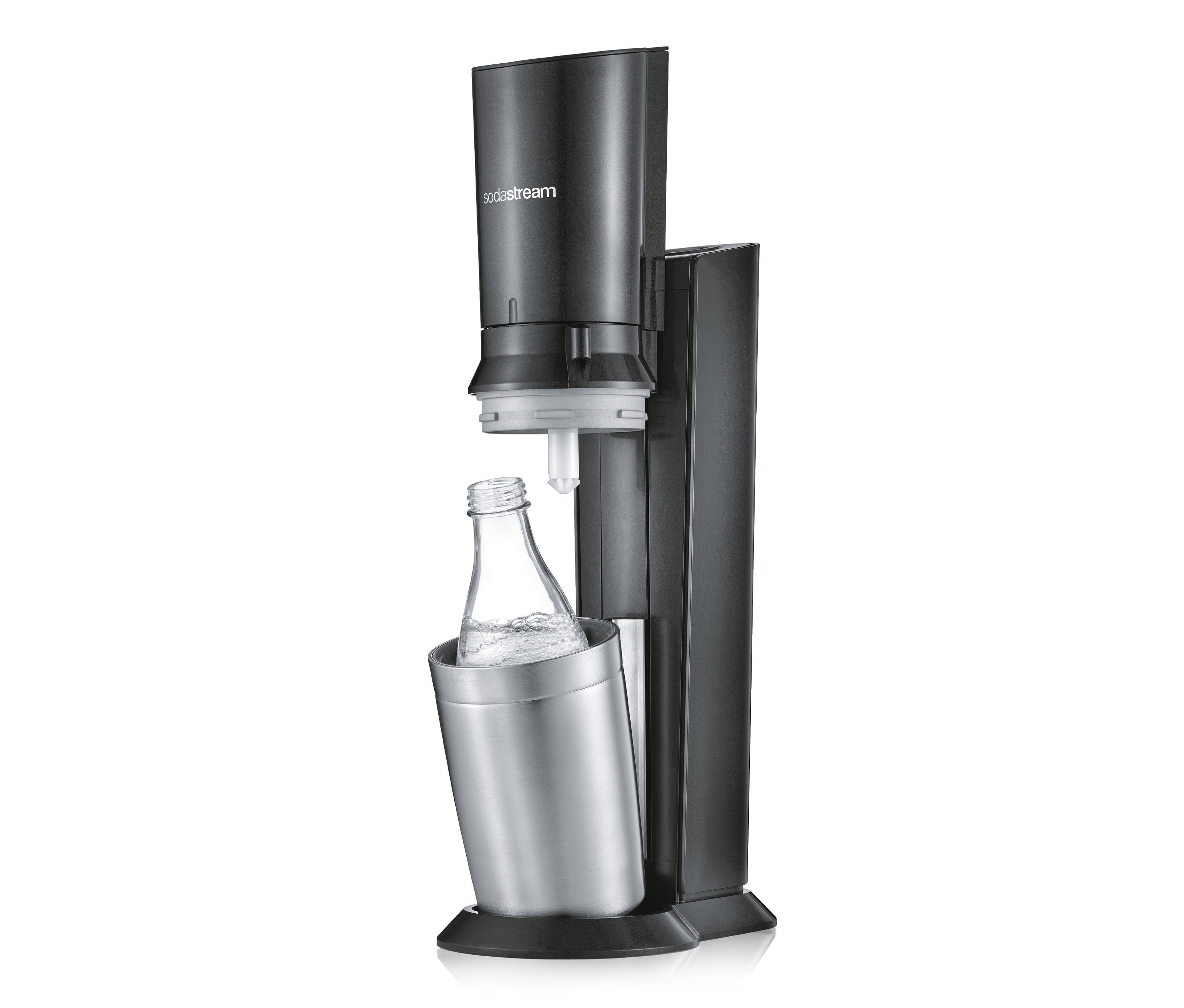 Schwarzer SodaStream Wassersprudler »Crystal 2.0« mit eingesetzter Glasflasche.