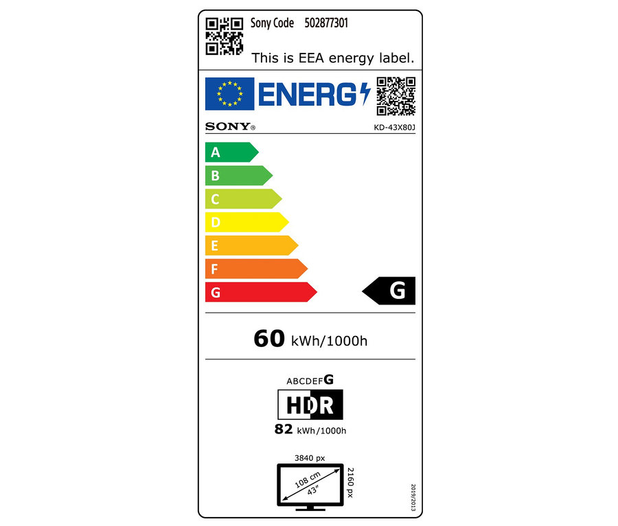 Energielabel des Sony-Fernsehers KDX80JAEP, 43 Zoll. Energieeffizienzklasse G.