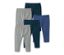 Fünf Jersey-Leggings aus Bio-Baumwolle in Grau- und Blautönen.