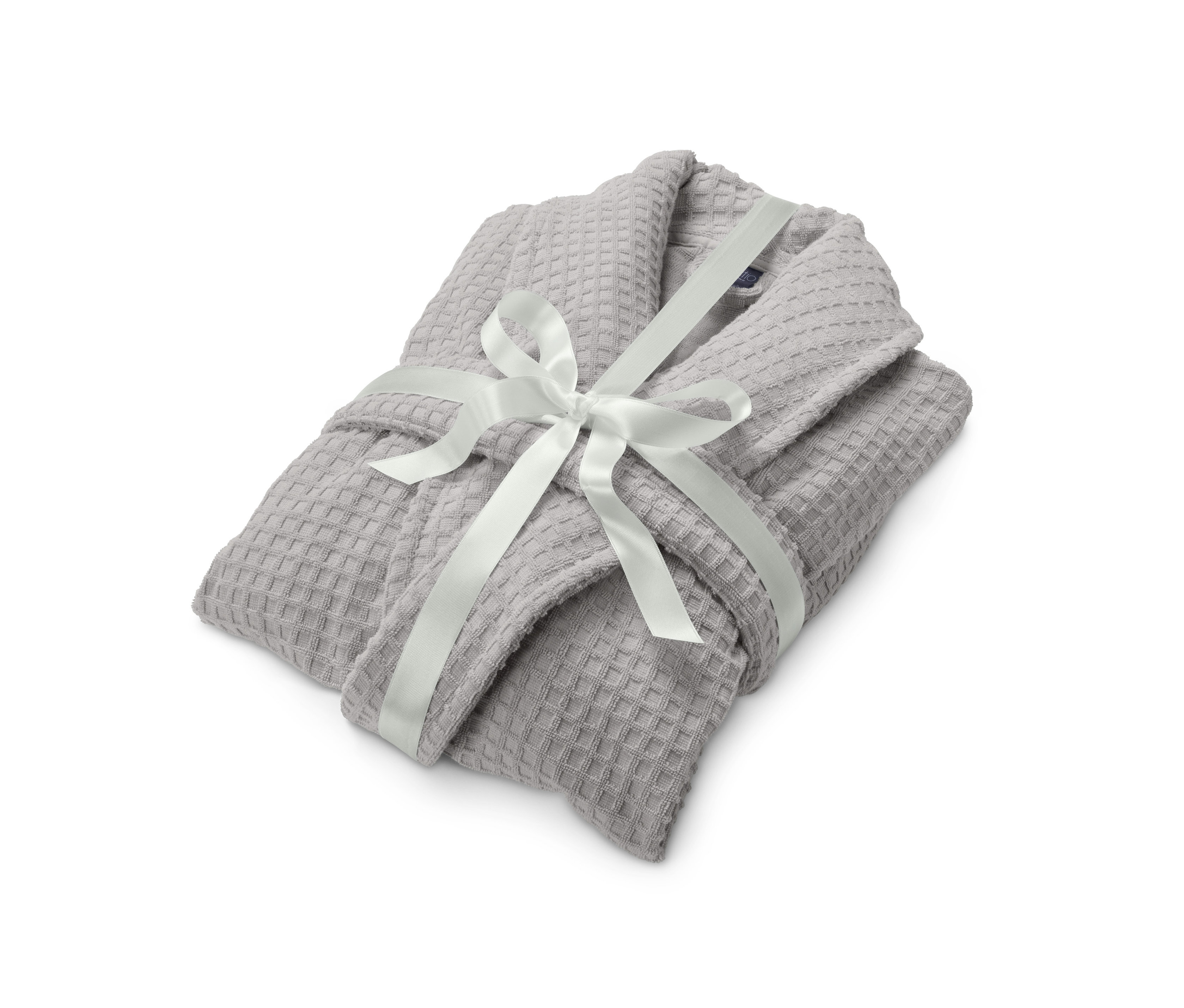 Gefalteter, grauer Premium Herren-Bademantel mit weißer Schleife.