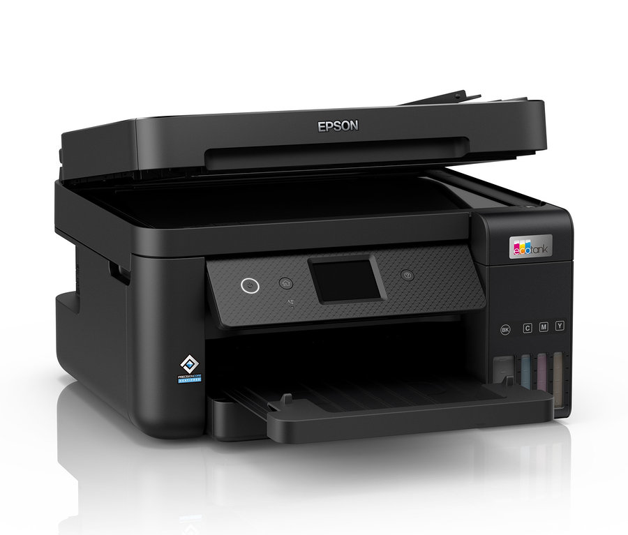 Schwarzer Epson Multifunktionsdrucker EcoTank ET-4850 mit geöffnetem Scanner.