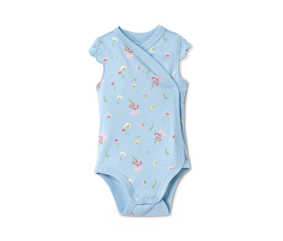 Blauer Body aus Bio-Baumwolle mit Blumenmuster.