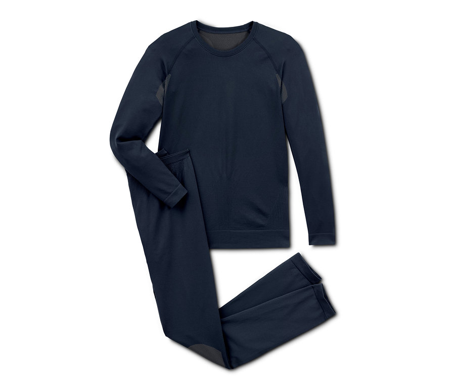 Dunkelblaue Seamless-Funktionsunterwäsche liegt auf einem weißen Hintergrund.