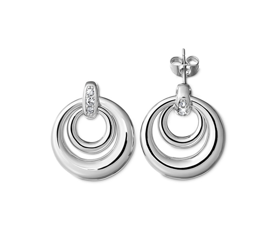 Zwei silberne Ohrringe veredelt mit Kristallen von Swarovski® in Kreisform.