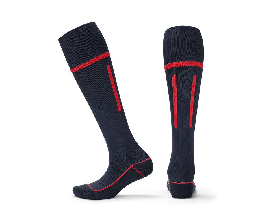 Zwei dunkelblaue Sport-Kompressions-Strümpfe mit roten Details.