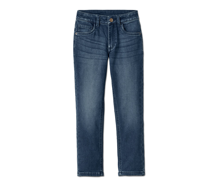 Eine blaue Jogg-Denim liegt auf einem weißen Hintergrund.