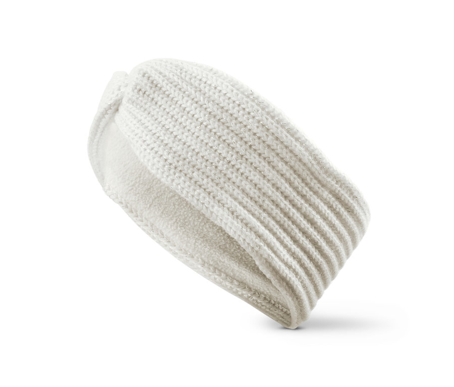 Weißes Strickstirnband mit Knotendetail.