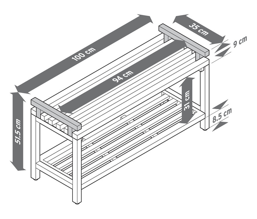 Abbildung eines Schuhregals mit Sitzgelegenheit, die Abmessungen sind mit Pfeilen dargestellt.