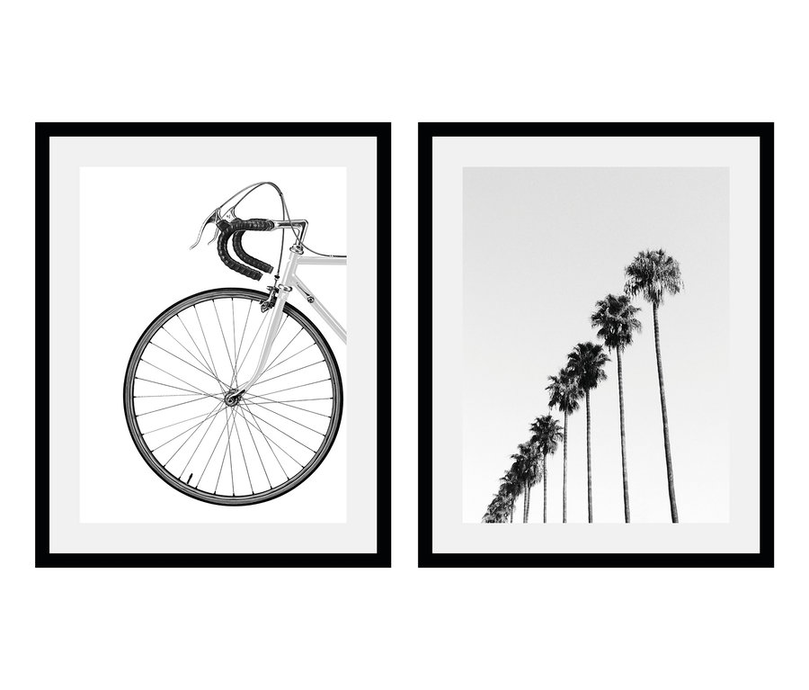 Zwei gerahmte Bilder: eines mit einem Fahrrad, eines mit Palmen. 2 Rahmenbilder, je 50 x 60cm