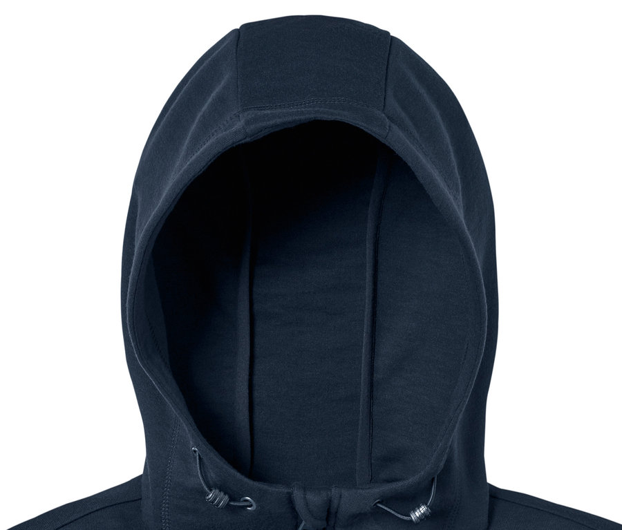 Detailansicht einer dunkelblauen Funktionssweatjacke mit Kapuze und Reißverschluss.