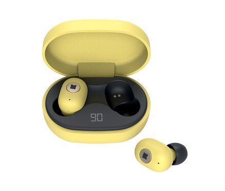 Gelbe Kreafunk In-Ear-Bluetooth®-Kopfhörer »aBEAN« und Ladecase auf weißem Hintergrund.