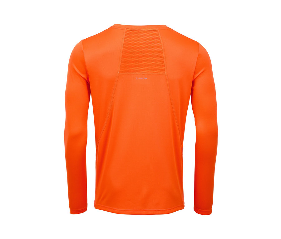 Detailansicht der Rückseite eines orangefarbenen Langarm-Funktionsshirts.