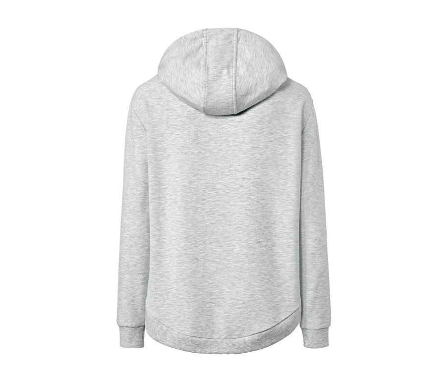 Rückansicht eines grauen Kapuzen-Sweatpullovers.
