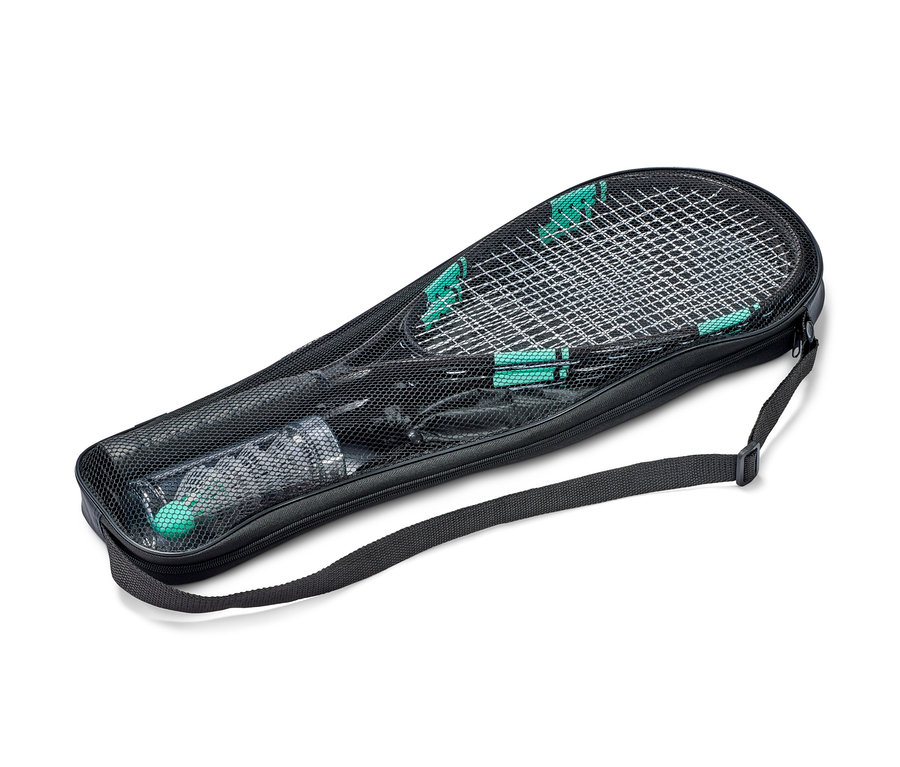 Turbo-Badminton-Set in schwarzer Tasche mit zwei Schlägern und einer Röhre mit Bällen.