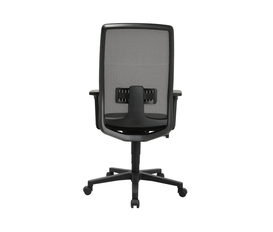 Rückansicht eines anthrazitfarbenen Bürostuhls »Eurostar 200« mit schwarzem Rahmen und Netzrückenlehne vor einem weißen Hintergrund.