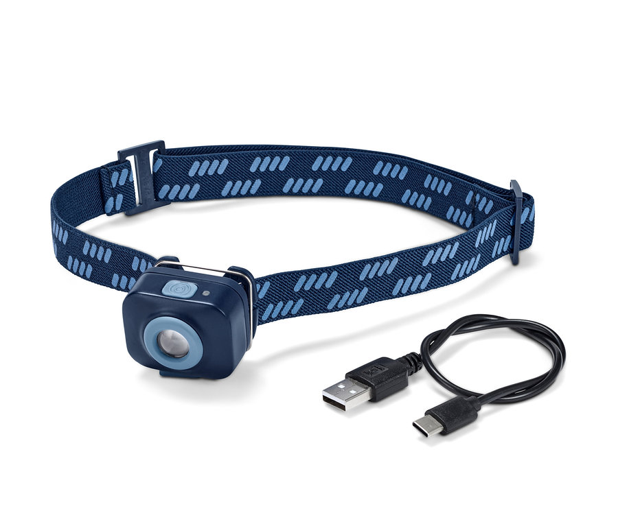 Eine blaue, kompakte Stirnlampe mit Kabel.