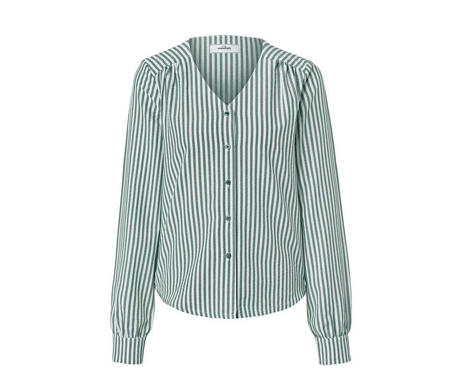 Gestreifte Hemdbluse mit langen Ärmeln, Knopfverschluss und V-Ausschnitt.