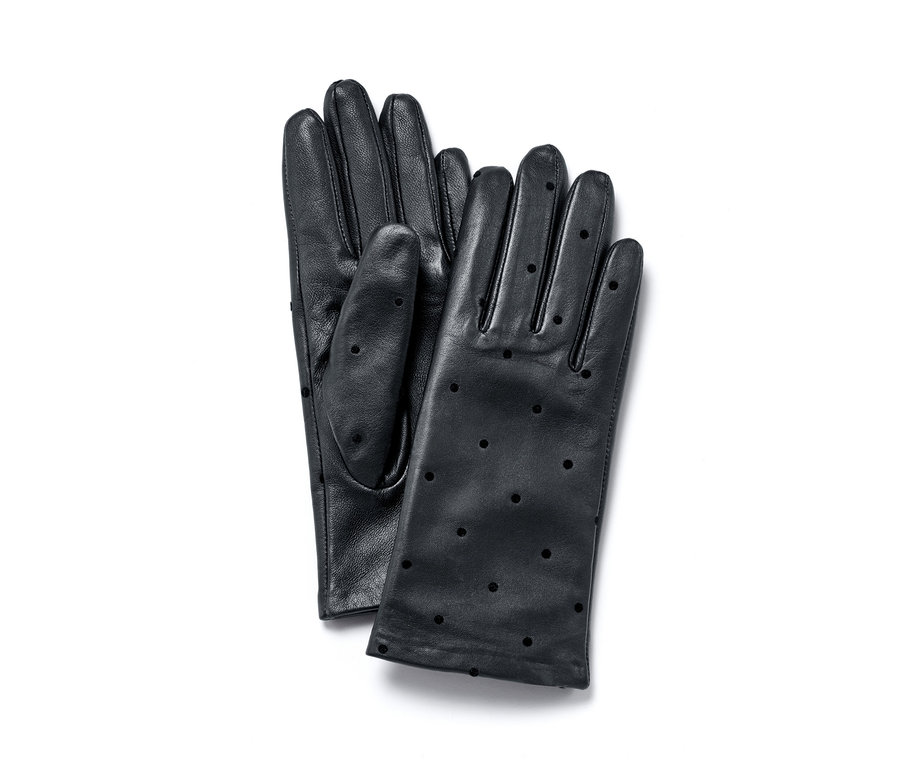 Schwarze Lederhandschuhe mit Flockprint.