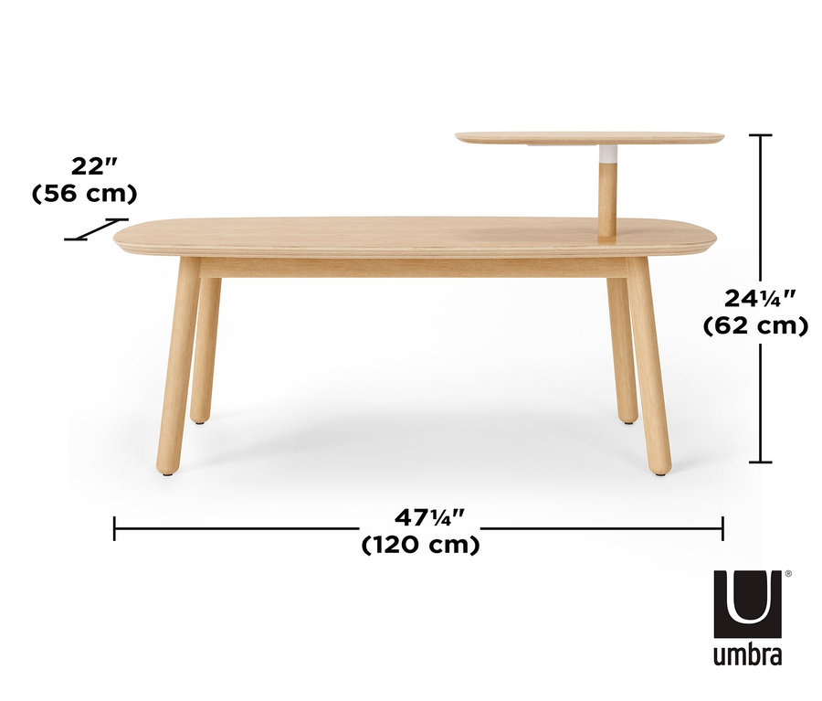 Abbildung eines hellen Couchtisches aus Holz mit kleinem Beistelltisch.
