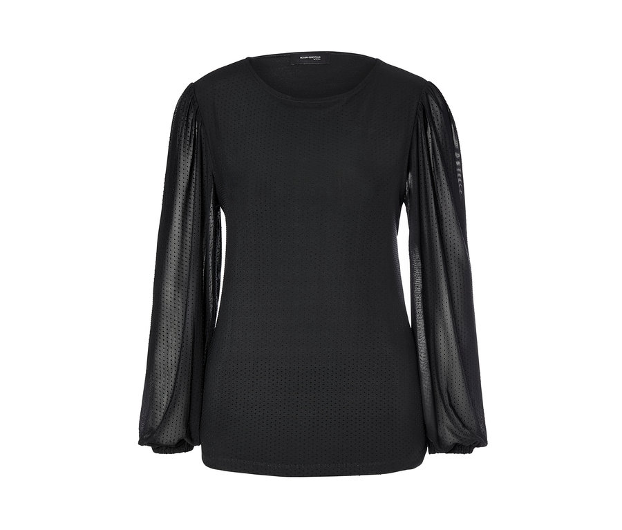 Eine schwarze Doublelayer-Bluse mit langen, transparenten Ärmeln.