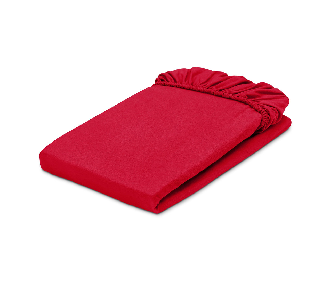 Zusammengelegtes rotes Jersey-Spannbettlaken in Normalgröße.