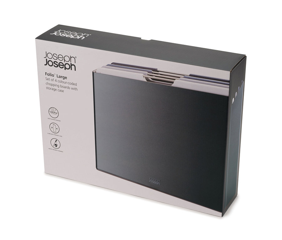 Verpackung des Joseph Joseph Schneidebrett-Sets »Folio« mit 4 farbcodierten Schneidebrettern mit Aufbewahrungskoffer.