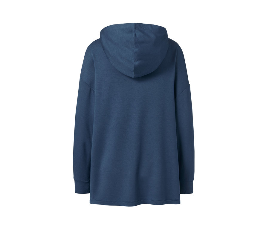 Rückansicht des blauen Lounge-Sweaters mit Kapuze.