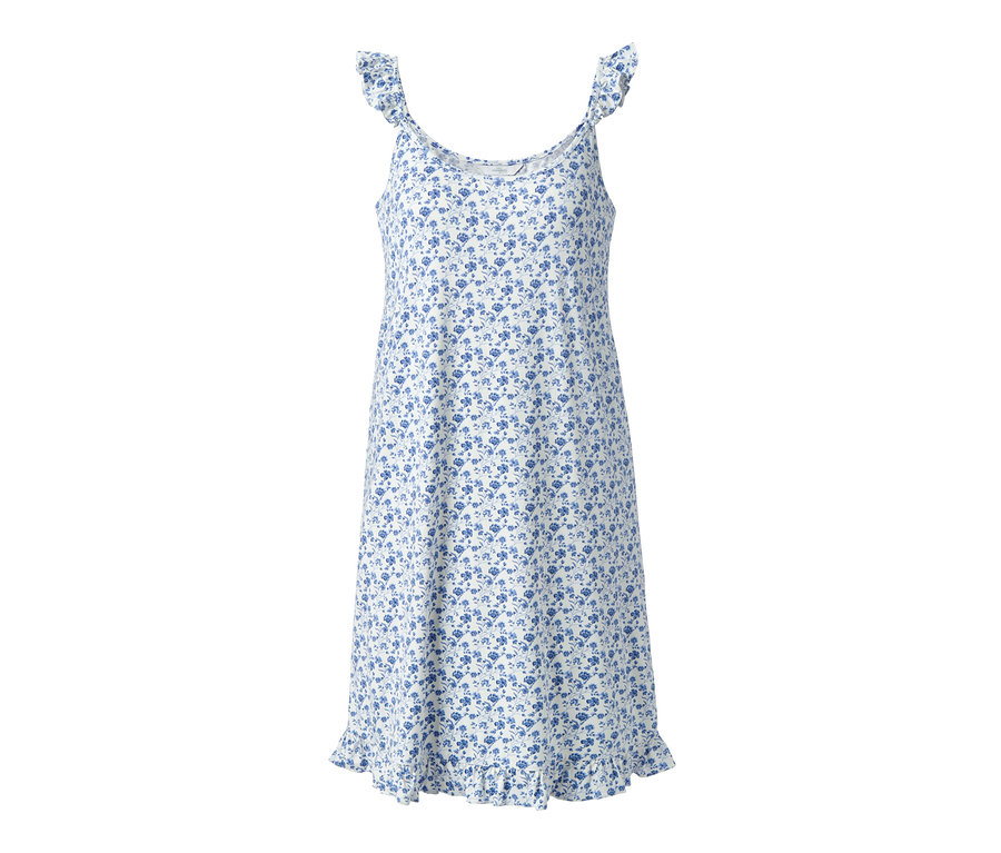 Trägernachthemd mit blauem Blumenmuster.