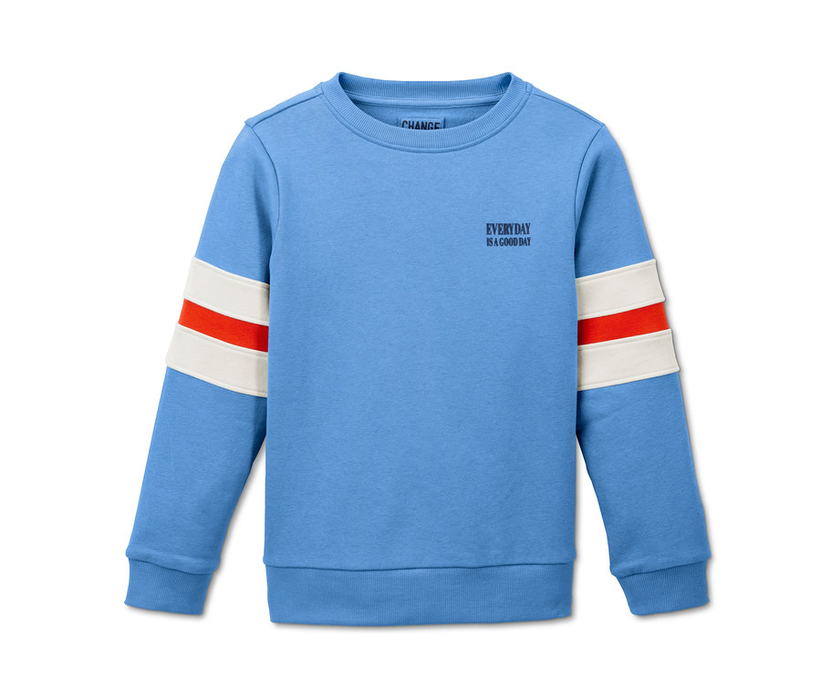Blaues Sweatshirt mit langen Ärmeln und orange-weißen Streifen.