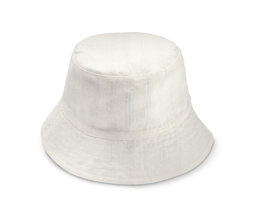 Weißer Bucket-Hat mit Wendefunktion.