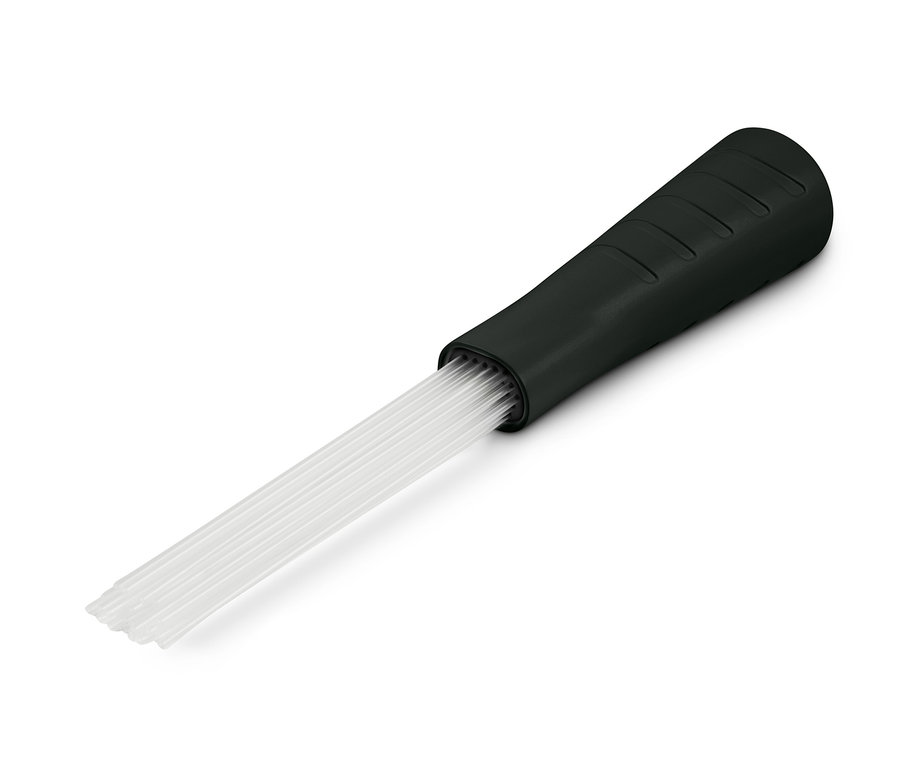 Staubsaugeraufsatz mit schwarzem Griff und weißen Borsten.