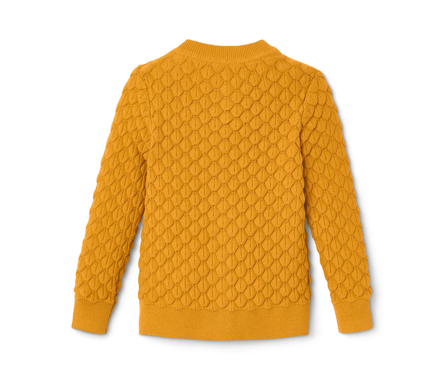 Gelbe Strickjacke mit langen Ärmeln und Strukturmuster.