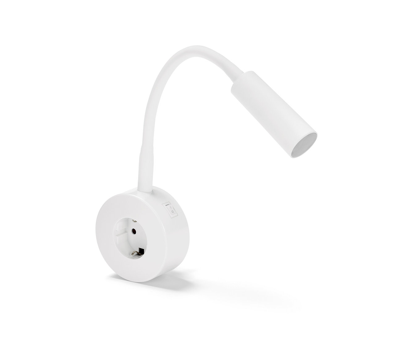 Weiße LED-Schwenkleuchte mit flexiblem Arm und Stecker.