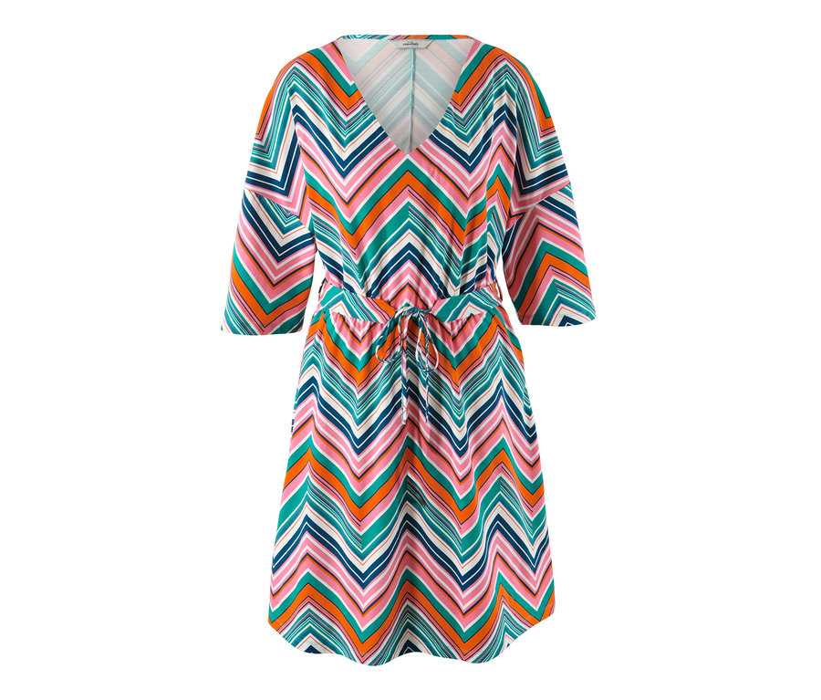 Bedrucktes Jerseykleid mit orangefarbenen, pinken, grünen und blauen Zickzackmuster.