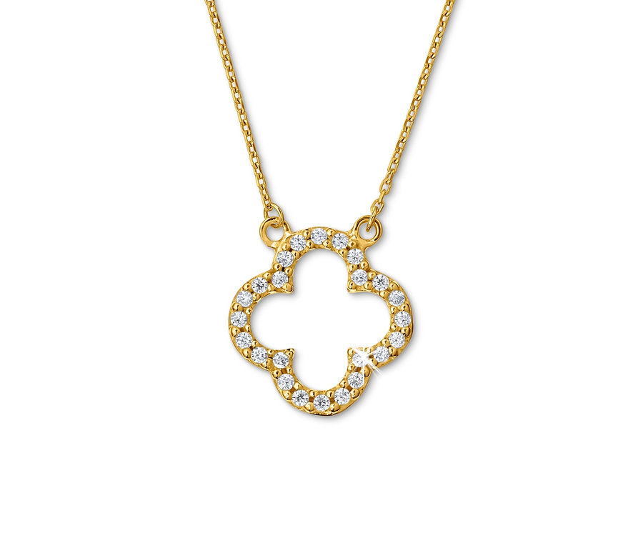Gold-Kette Kleeblatt Zirkonia auf weißem Hintergrund.