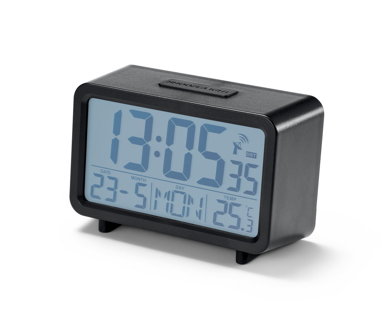 Ein schwarzer digitaler LCD-Funkwecker zeigt die Zeit 13:05.