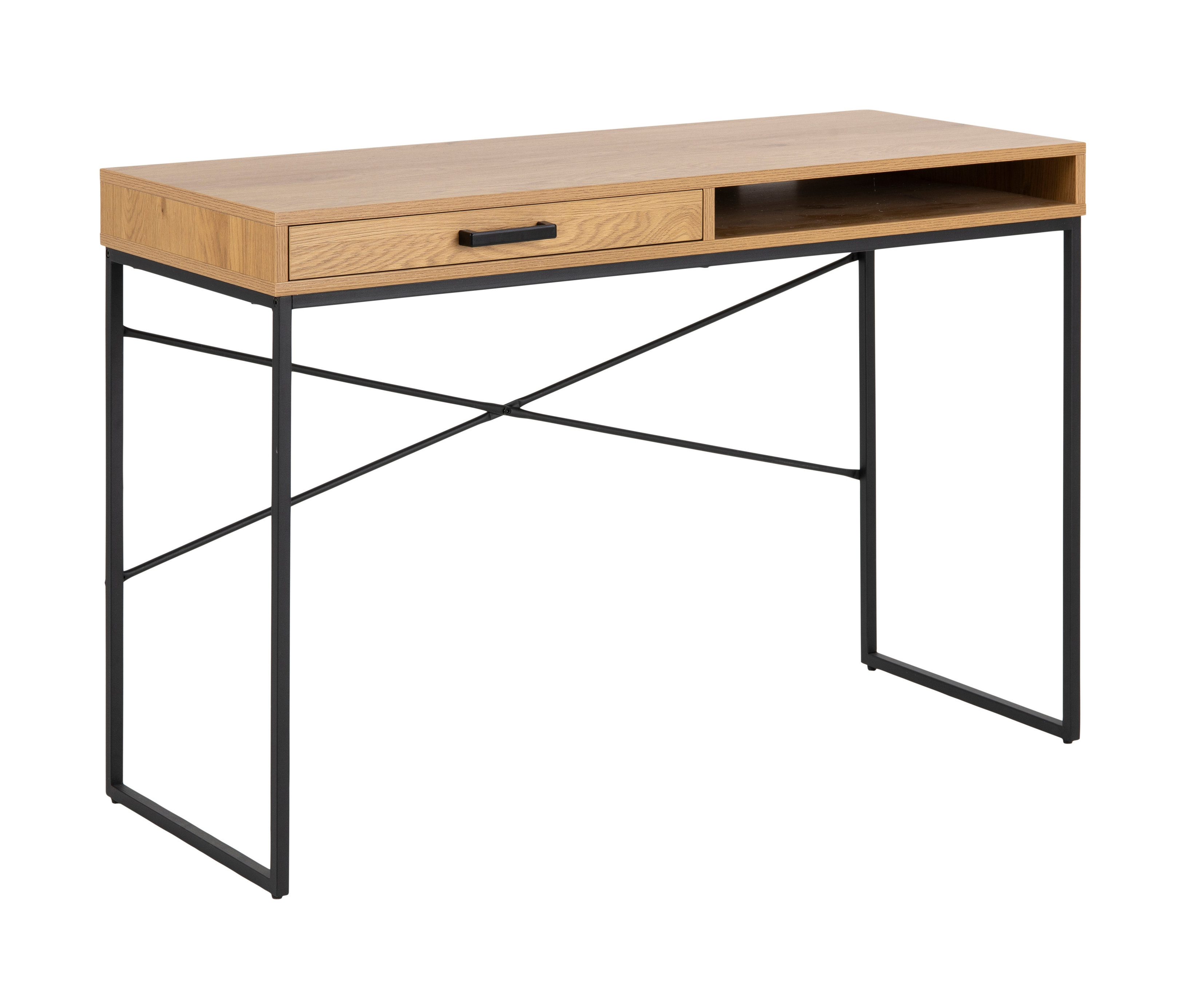 Rechteckiger Schreibtisch mit Schublade und offenem Fach an der Oberseite und schwarzem Metallgestell.