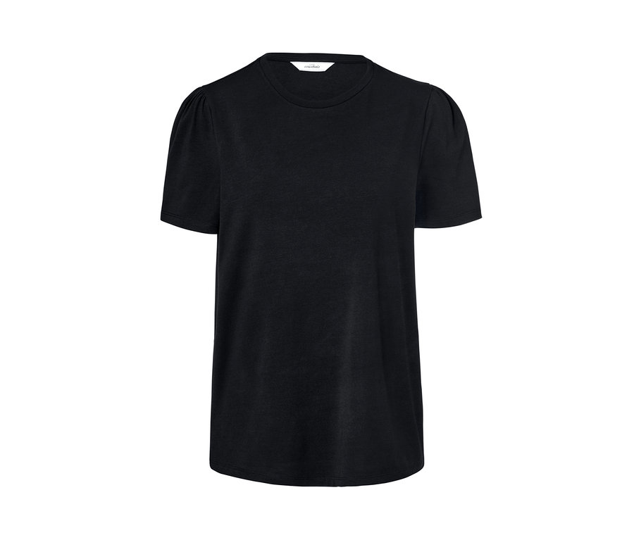 Schwarzes T-Shirt mit gerafften Ärmeln.