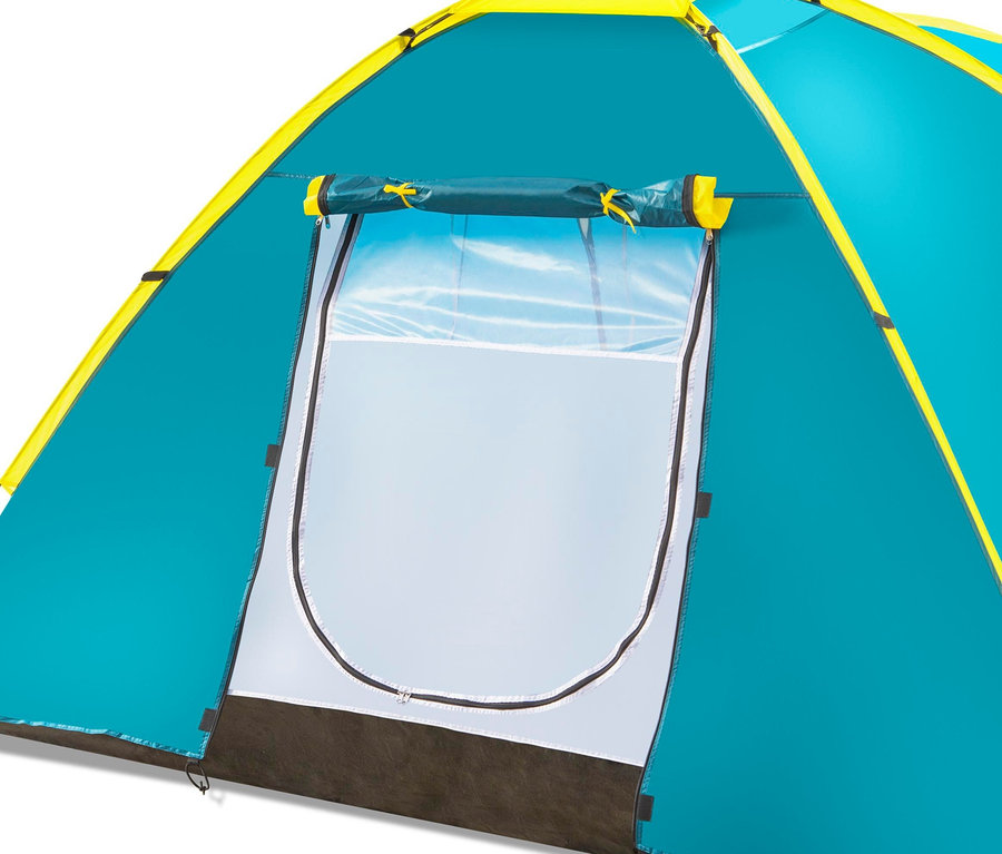 Nahaufnahme eines Bestway® Pavillo-Zelt »Activemount 3« in Blau und Gelb mit offenem Eingang.