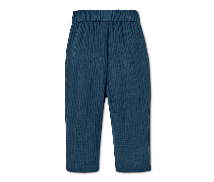 Dunkelblaue Schlupfhose aus Bio-Baumwolle auf weißem Hintergrund.
