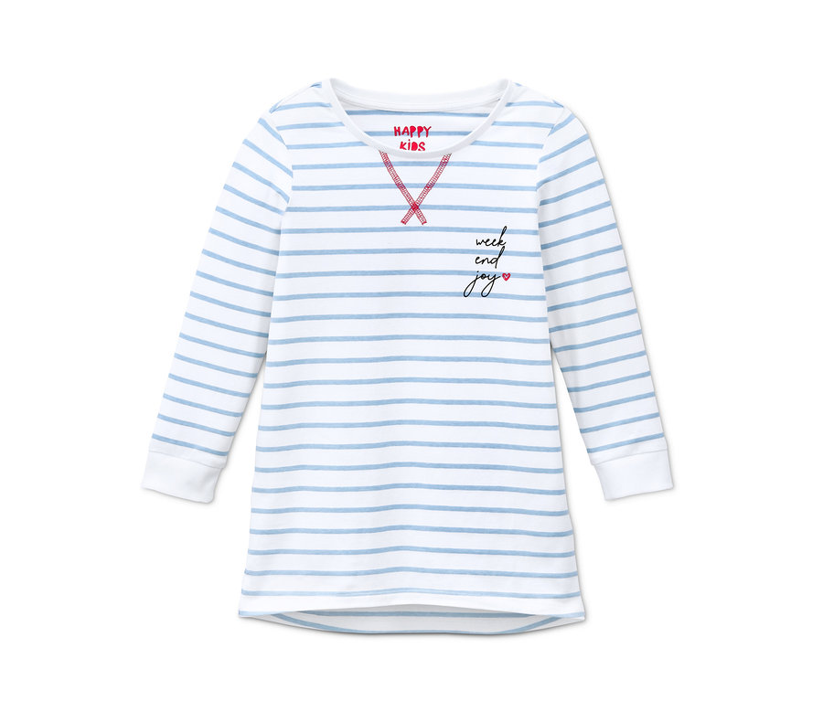 Mädchen-Pyjama mit blauen und weißen Streifen, langen Ärmeln und Schriftzug.
