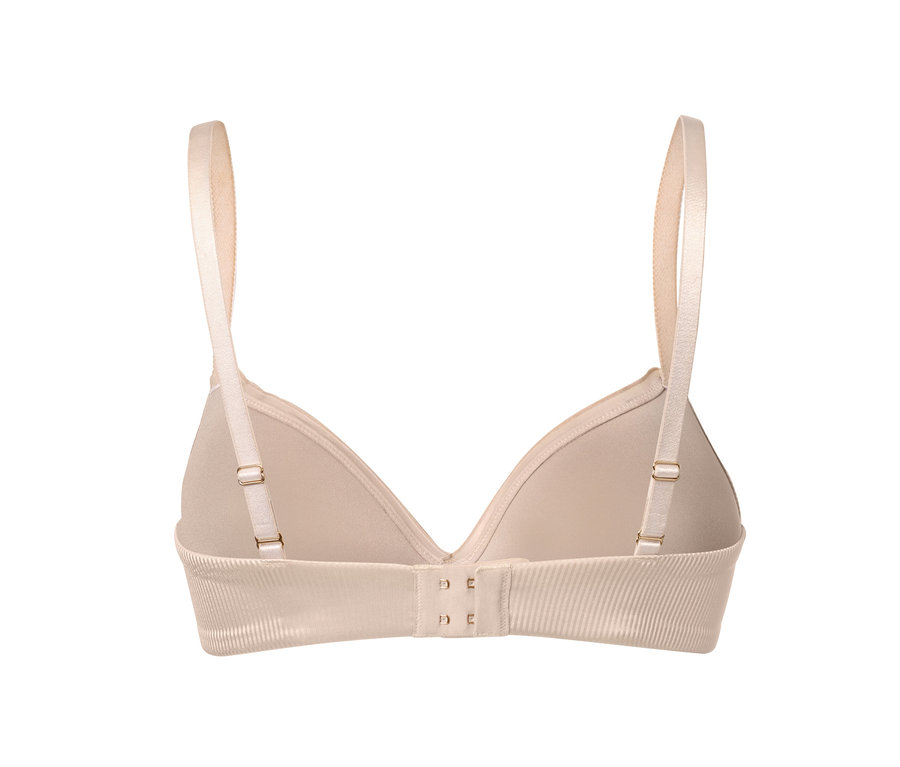 Detailansicht von hinten eines beigen Softschalen-BHs.