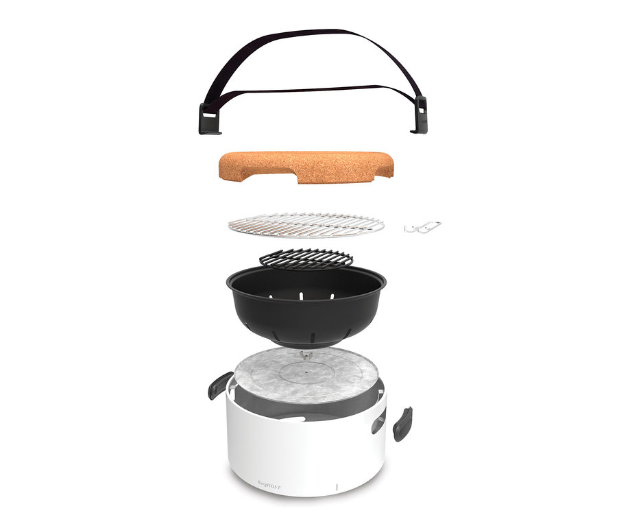 Explosionsansicht eines BergHOFF® Tischgrills mit Riemen, Korkuntersetzer, zwei Grillrosten, schwarzer Schale und weißem Sockel.