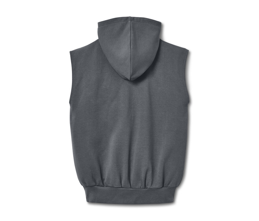 Graues Kapuzenshirt ohne Ärmel von hinten.